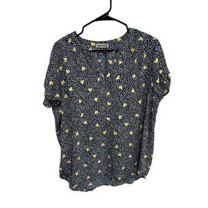 Pleione Navy Yellow Heart Print Short Sleeve Blouse Size Large Lightweight Casua